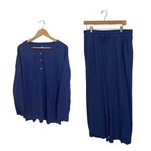 Blue Button-Up Top and Pants Set